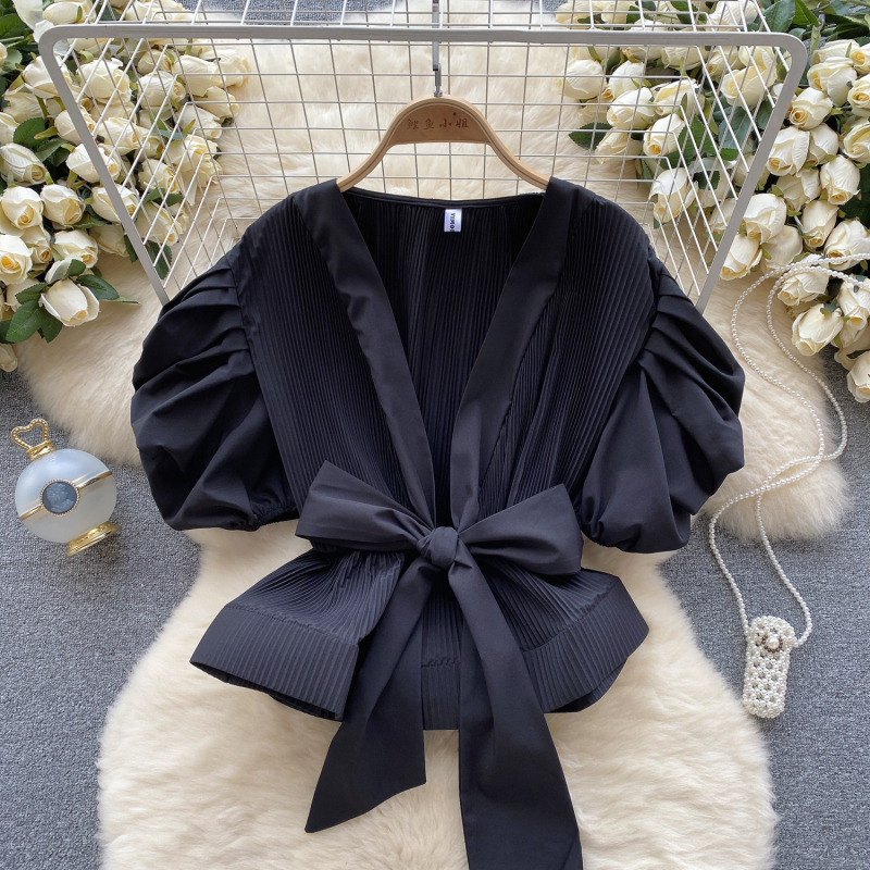 Ženska jesenska košulja s puf rukavima u hongkonškom stilu, visokokvalitetna, s pojasom, plisiranim atmosferskim efektom, laganim i luksuznim topom za društvene pripadnice