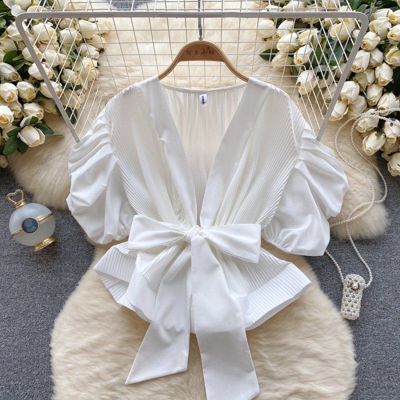 Ženska jesenska košulja s puf rukavima u hongkonškom stilu, visokokvalitetna, s pojasom, plisiranim atmosferskim efektom, laganim i luksuznim topom za društvene pripadnice