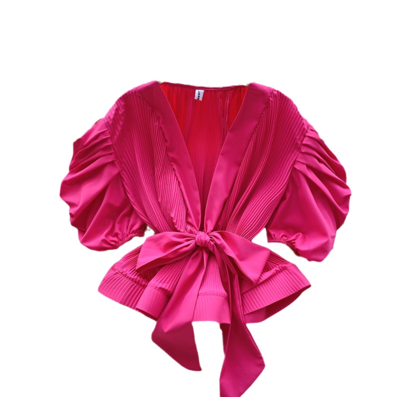 Ženska jesenska košulja s puf rukavima u hongkonškom stilu, visokokvalitetna, s pojasom, plisiranim atmosferskim efektom, laganim i luksuznim topom za društvene pripadnice