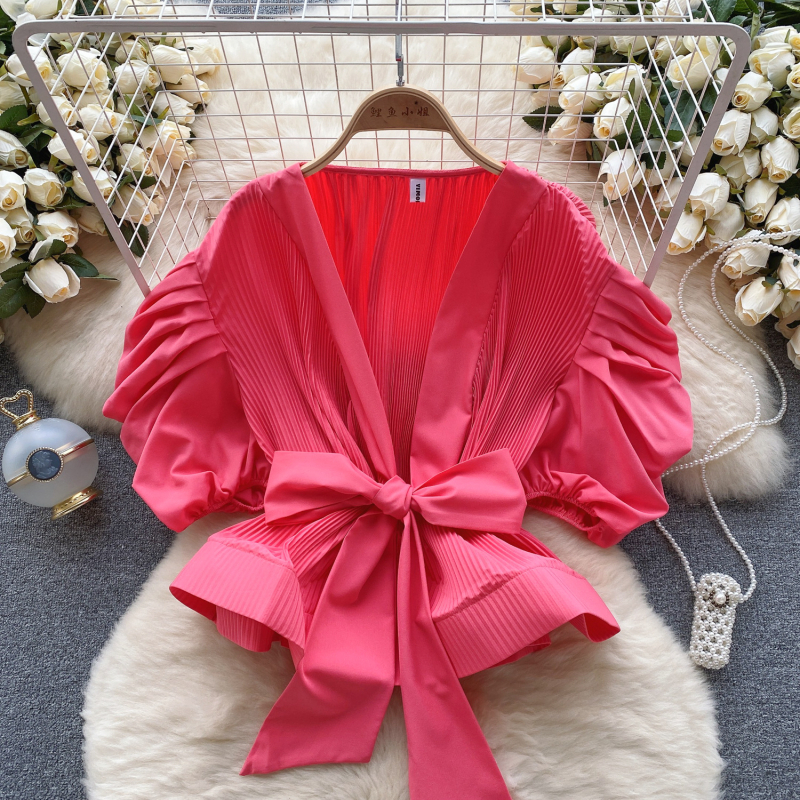 Ženska jesenska košulja s puf rukavima u hongkonškom stilu, visokokvalitetna, s pojasom, plisiranim atmosferskim efektom, laganim i luksuznim topom za društvene pripadnice