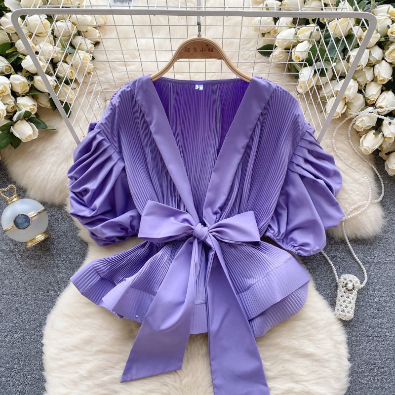 Ženska jesenska košulja s puf rukavima u hongkonškom stilu, visokokvalitetna, s pojasom, plisiranim atmosferskim efektom, laganim i luksuznim topom za društvene pripadnice