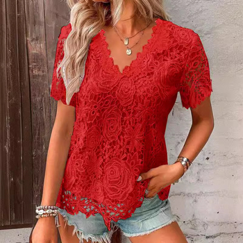 Nezavisna Amazon elegantna majica kratkih rukava s V-izrezom, printana čipka, nova europska i američka ljetna majica kratkih rukava za žene