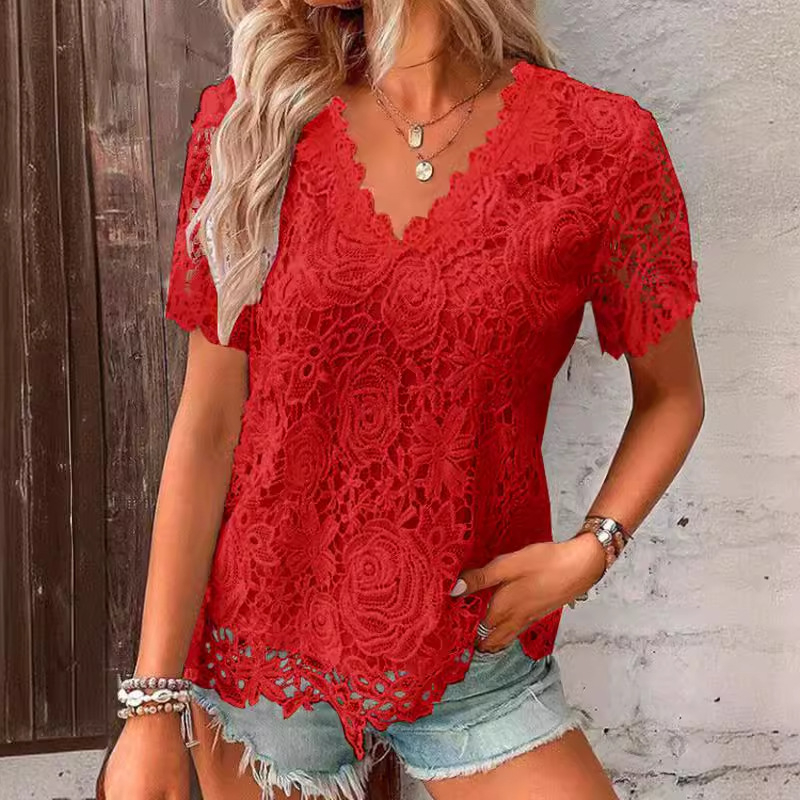 Nezavisna Amazon elegantna majica kratkih rukava s V-izrezom, printana čipka, nova europska i američka ljetna majica kratkih rukava za žene