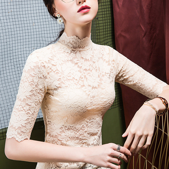Jesenná nová dámska košeľa so stojacím golierom a čipkou, trojštvrťové rukávy, úzky strih, polovičný rolák, top so stredným rukávom, módna
