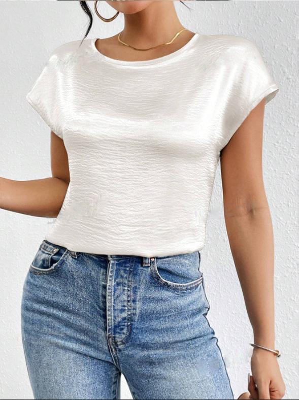 Prekogranična Amazon proljeće i ljeto 2025. Nova ženska satenska košulja kratkih rukava, široka ležerna satenska majica s okruglim izrezom za žene