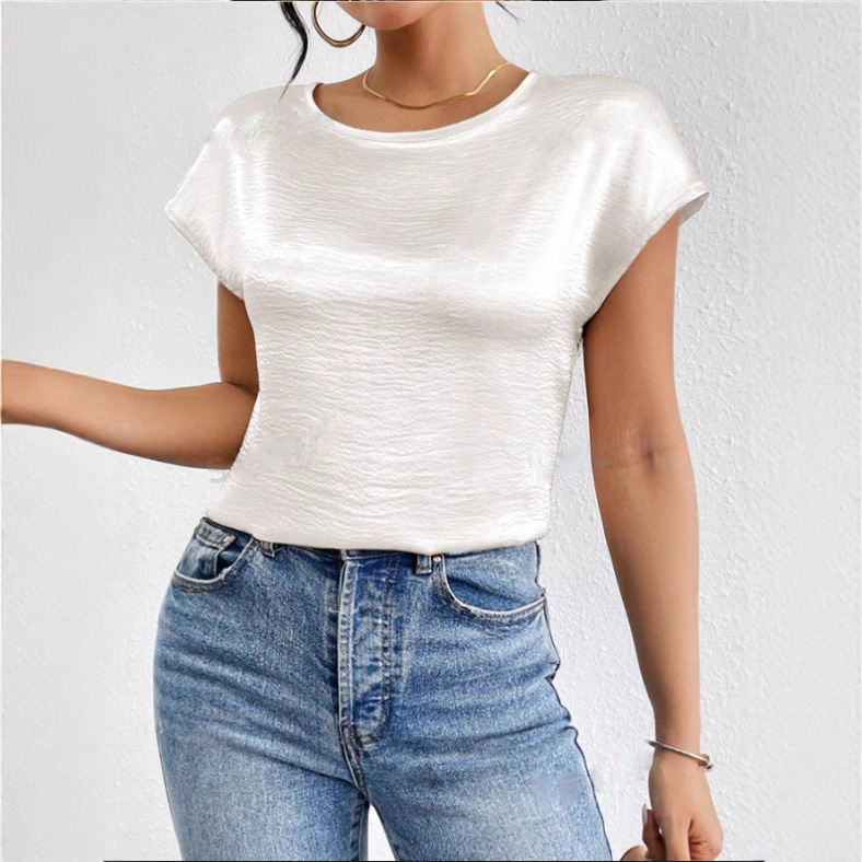 Prekogranična Amazon proljeće i ljeto 2025. Nova ženska satenska košulja kratkih rukava, široka ležerna satenska majica s okruglim izrezom za žene