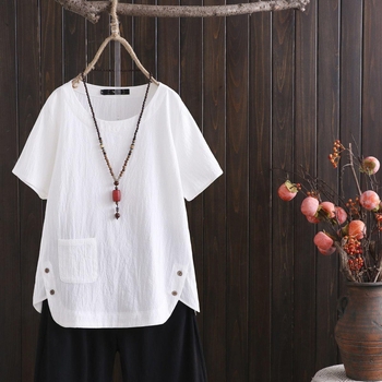 Izvoz vanjske trgovine Ljetna imitacija pamuka i lana Debelo MM Velika veličina Ležerna Jednostavna Umjetnička Retro Jednobojna Široka Majica Kratkih Rukava