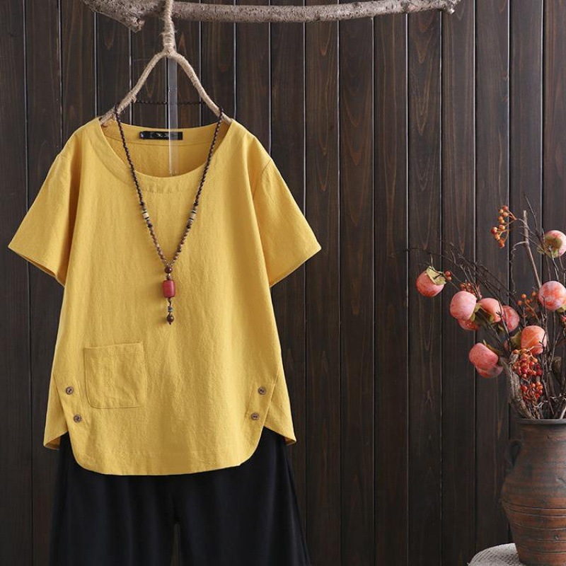 Izvoz vanjske trgovine Ljetna imitacija pamuka i lana Debelo MM Velika veličina Ležerna Jednostavna Umjetnička Retro Jednobojna Široka Majica Kratkih Rukava