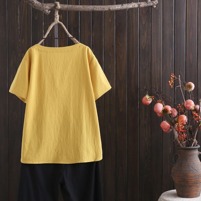 Izvoz vanjske trgovine Ljetna imitacija pamuka i lana Debelo MM Velika veličina Ležerna Jednostavna Umjetnička Retro Jednobojna Široka Majica Kratkih Rukava