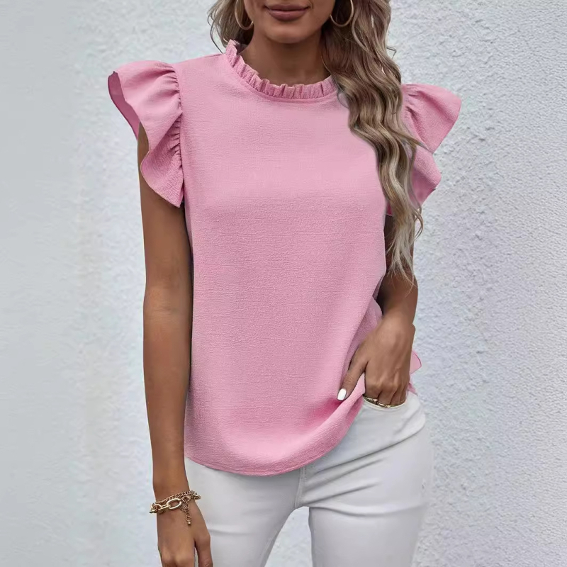 Cezhraničná populárna Amazonka 2023 Jar a leto Európska a americká nová ležérna volánová vesta Sladká dámska košeľa s okrúhlym výstrihom