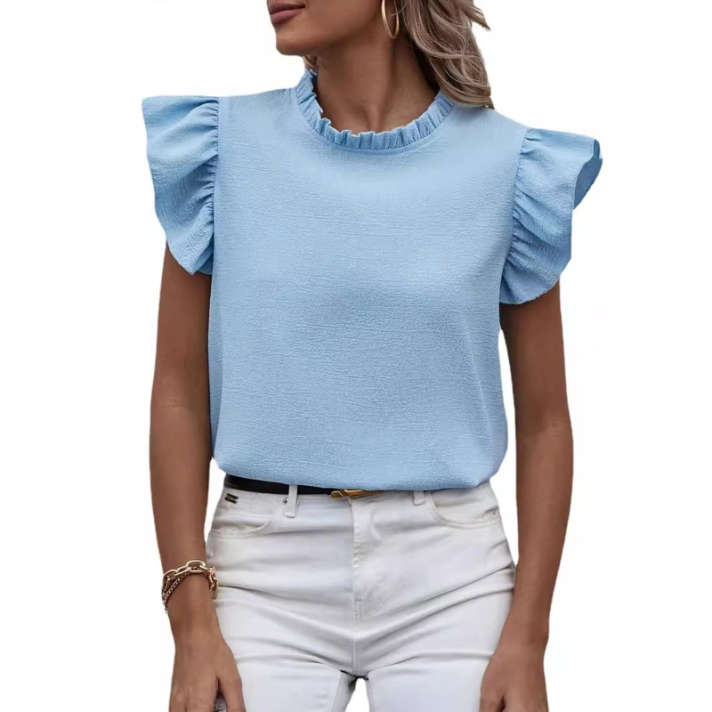 Cezhraničná populárna Amazonka 2023 Jar a leto Európska a americká nová ležérna volánová vesta Sladká dámska košeľa s okrúhlym výstrihom