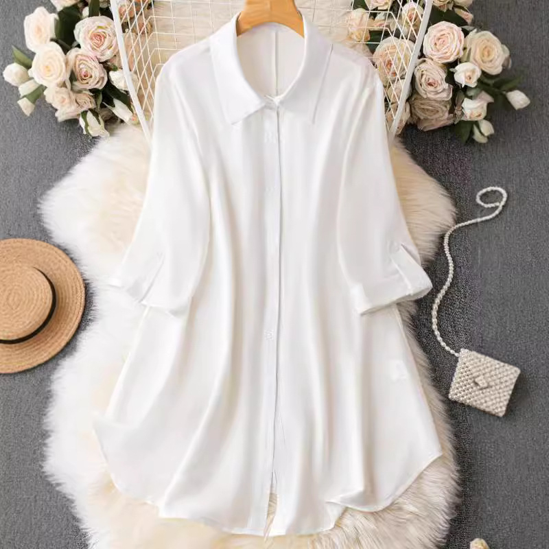 【】2024 Prekogranični novi proizvod Amazon šifon košulja s rukavima do pet četvrtina, široka košulja srednje duljine na kopčanje s rukavima do sedam četvrtina
