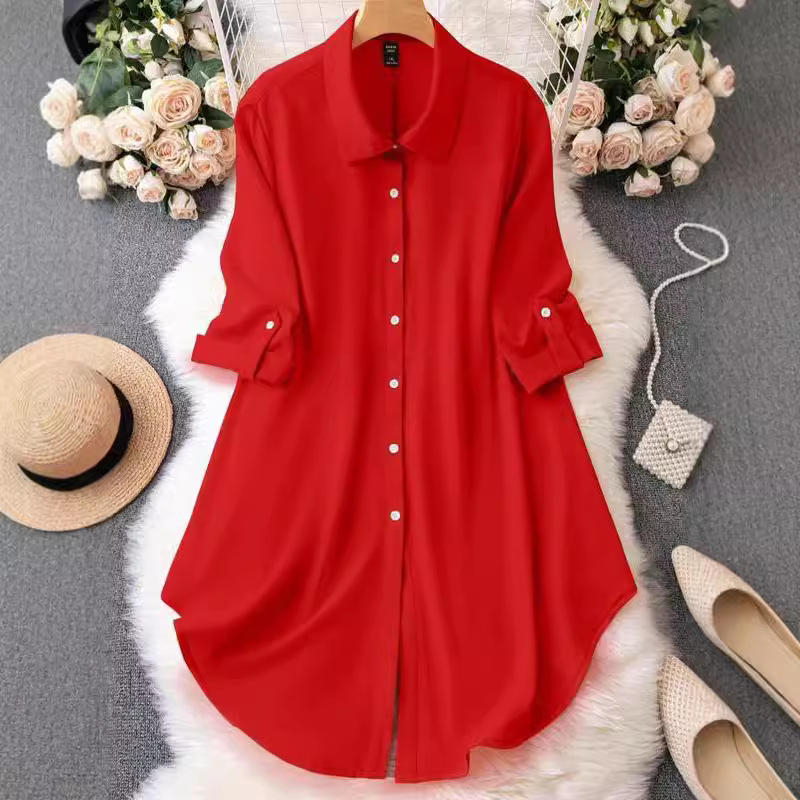 【】2024 Prekogranični novi proizvod Amazon šifon košulja s rukavima do pet četvrtina, široka košulja srednje duljine na kopčanje s rukavima do sedam četvrtina