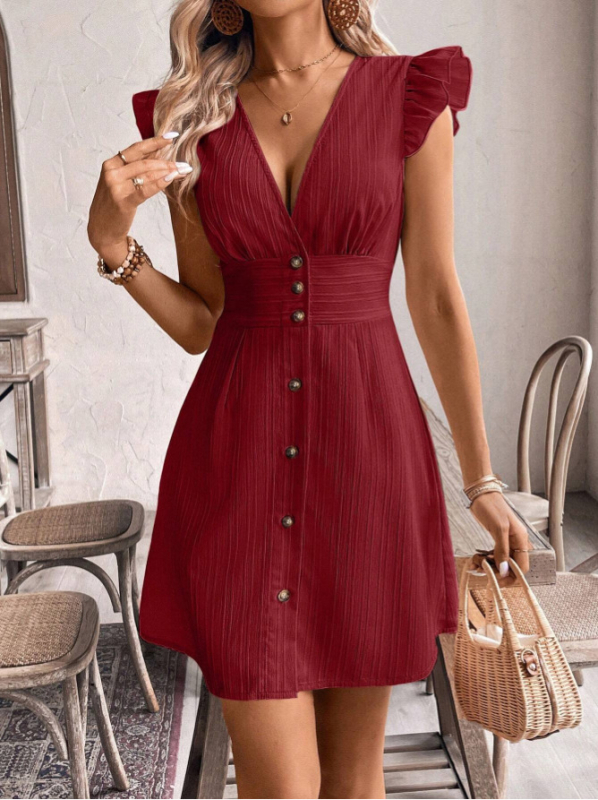 Nova SHEIN ženska haljina od jednobojne teksturirane tkanine s letećim rukavima u retro stilu iz 2025. godine, s jednim gumbom