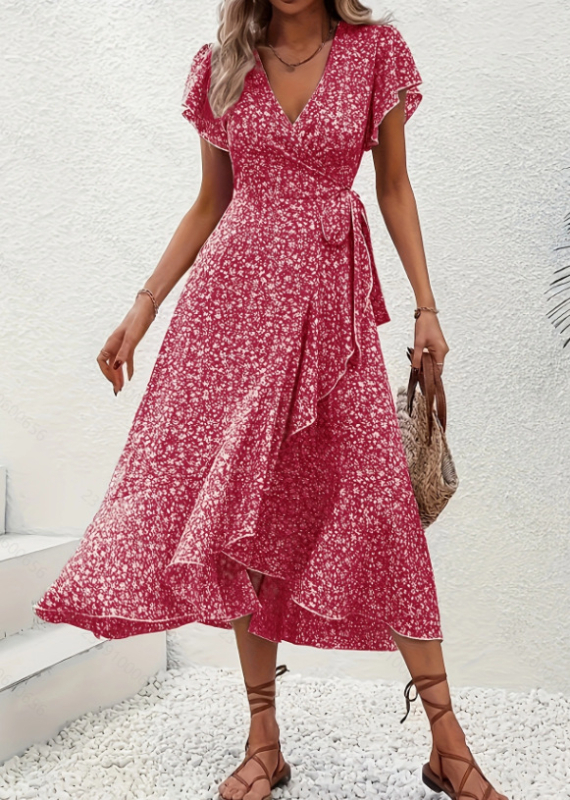 Független Állomású Amazon Határokon Átnyúló Kis Virágos V-nyakú Kardigán Pántos Rövid Ujjú Bohém Vakációs Ruha