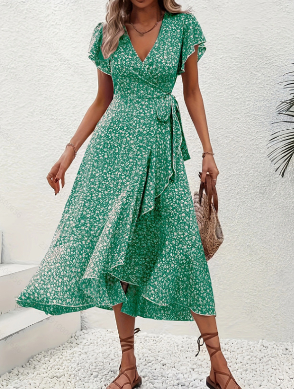 Független Állomású Amazon Határokon Átnyúló Kis Virágos V-nyakú Kardigán Pántos Rövid Ujjú Bohém Vakációs Ruha