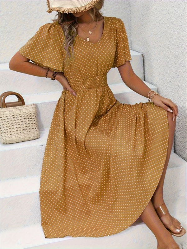 na zalihi 2025amazon Prekogranična TEMU točkasta print strukirana elegantna haljina kratkih rukava s V-izrezom A-kroja za proljeće i ljeto ženske odjeće