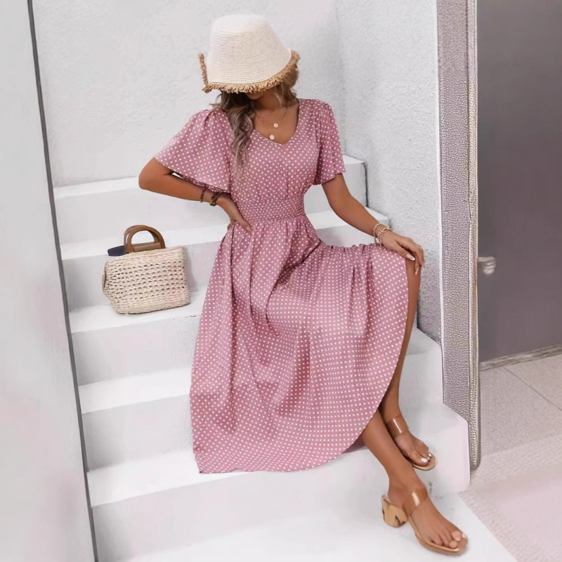na zalihi 2025amazon Prekogranična TEMU točkasta print strukirana elegantna haljina kratkih rukava s V-izrezom A-kroja za proljeće i ljeto ženske odjeće