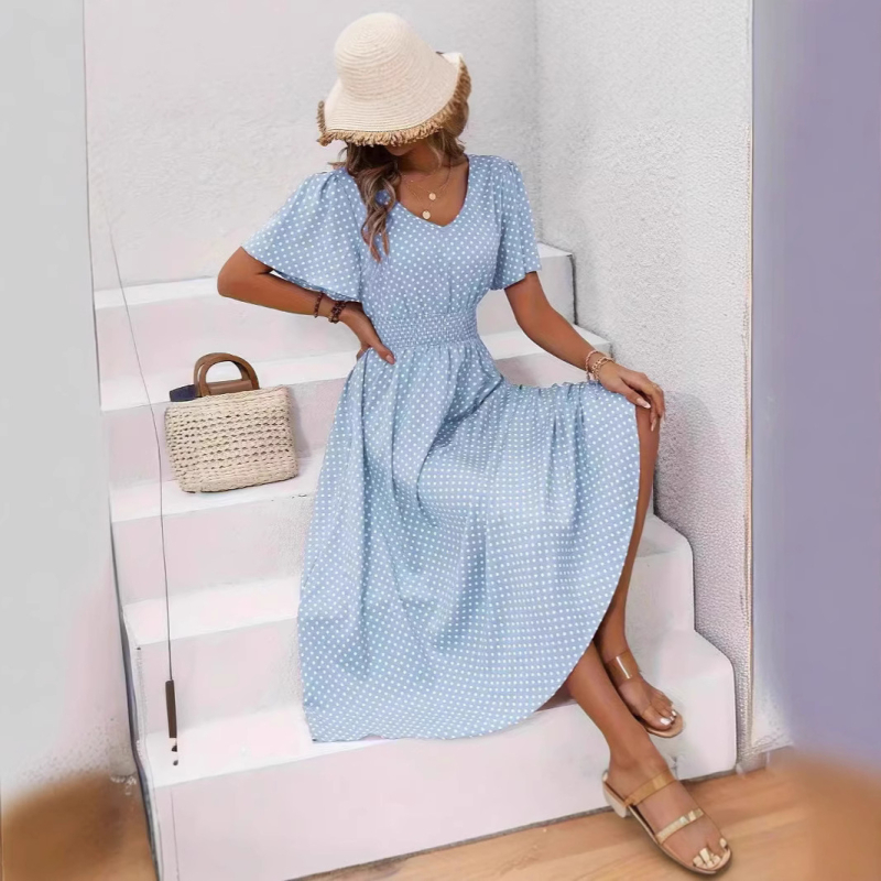 na zalihi 2025amazon Prekogranična TEMU točkasta print strukirana elegantna haljina kratkih rukava s V-izrezom A-kroja za proljeće i ljeto ženske odjeće