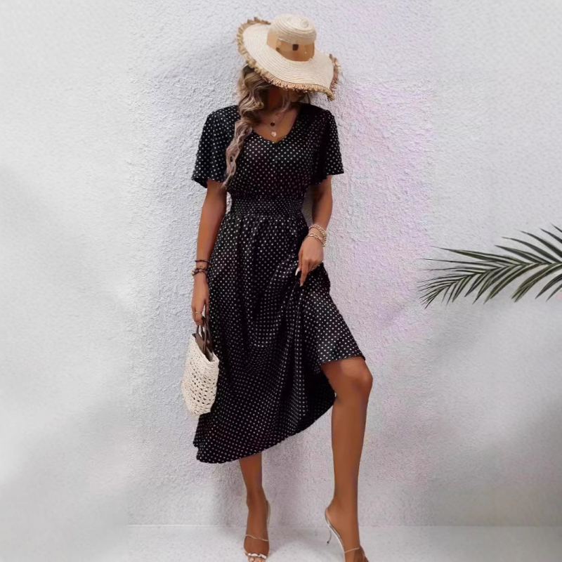 na zalihi 2025amazon Prekogranična TEMU točkasta print strukirana elegantna haljina kratkih rukava s V-izrezom A-kroja za proljeće i ljeto ženske odjeće