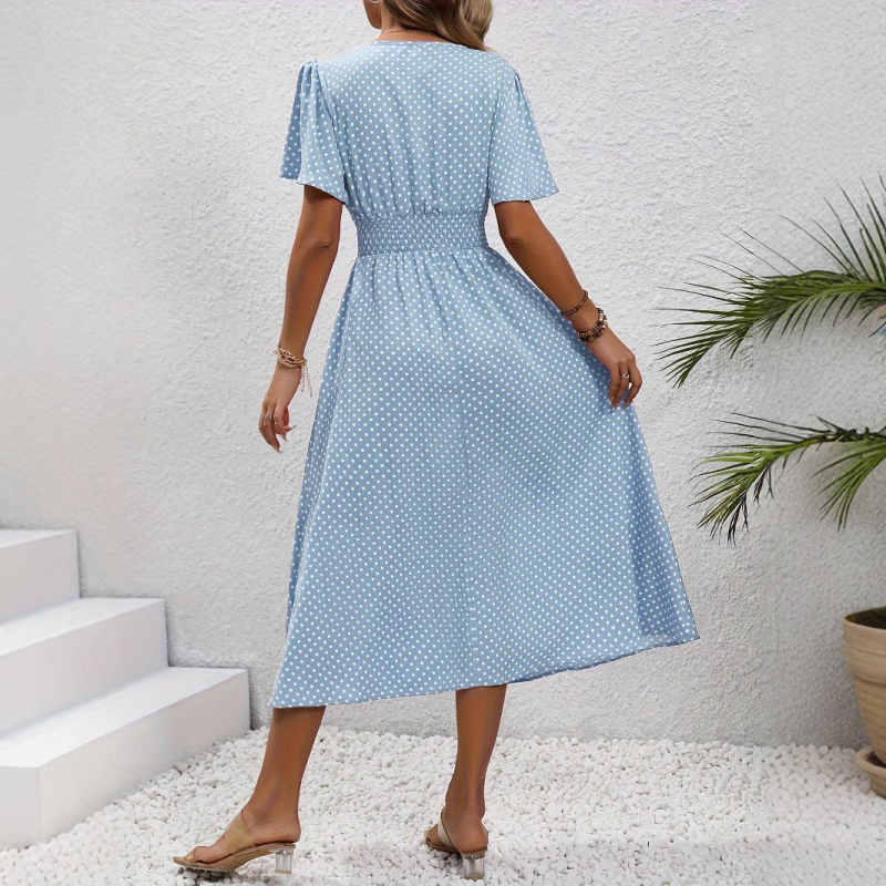 na zalihi 2025amazon Prekogranična TEMU točkasta print strukirana elegantna haljina kratkih rukava s V-izrezom A-kroja za proljeće i ljeto ženske odjeće