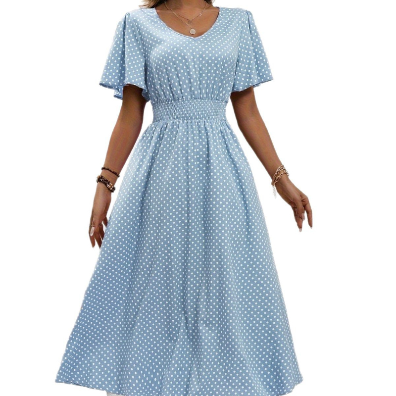 na zalihi 2025amazon Prekogranična TEMU točkasta print strukirana elegantna haljina kratkih rukava s V-izrezom A-kroja za proljeće i ljeto ženske odjeće