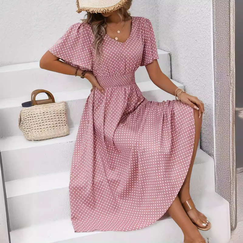 na zalihi 2025amazon Prekogranična TEMU točkasta print strukirana elegantna haljina kratkih rukava s V-izrezom A-kroja za proljeće i ljeto ženske odjeće