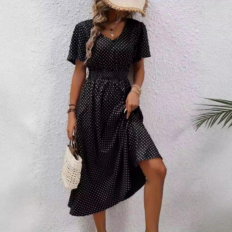 na zalihi 2025amazon Prekogranična TEMU točkasta print strukirana elegantna haljina kratkih rukava s V-izrezom A-kroja za proljeće i ljeto ženske odjeće