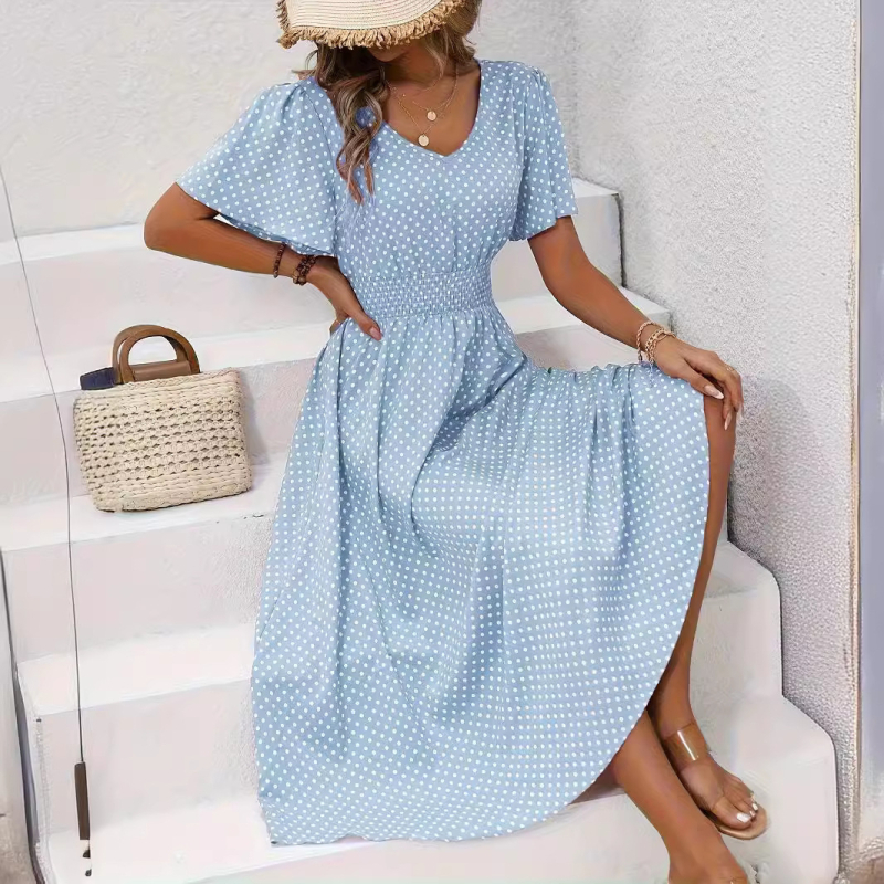 na zalihi 2025amazon Prekogranična TEMU točkasta print strukirana elegantna haljina kratkih rukava s V-izrezom A-kroja za proljeće i ljeto ženske odjeće