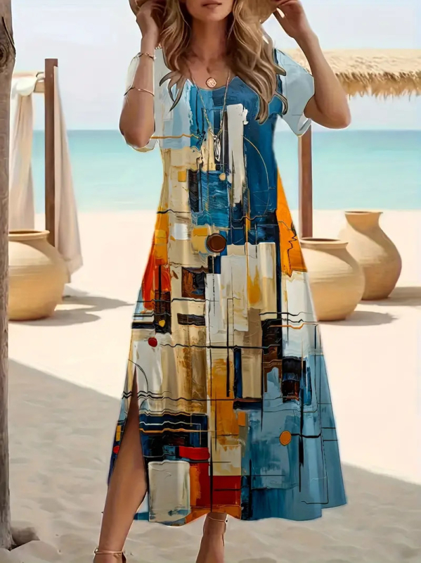 2025 Novi europski i američki trend vanjske trgovine, Joker modni trend visoke kvalitete, haljina kratkih rukava s okruglim izrezom, WD29