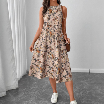 Rochie în formă de A cu imprimeu floral, fără mâneci, cu guler rotund, de la Amazon, vară nouă 2025