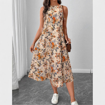 Rochie în formă de A cu imprimeu floral, fără mâneci, cu guler rotund, de la Amazon, vară nouă 2025