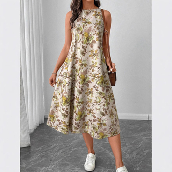 Rochie în formă de A cu imprimeu floral, fără mâneci, cu guler rotund, de la Amazon, vară nouă 2025