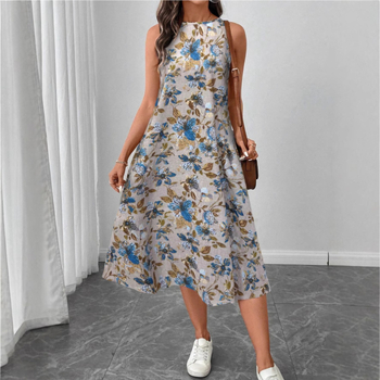 Rochie în formă de A cu imprimeu floral, fără mâneci, cu guler rotund, de la Amazon, vară nouă 2025
