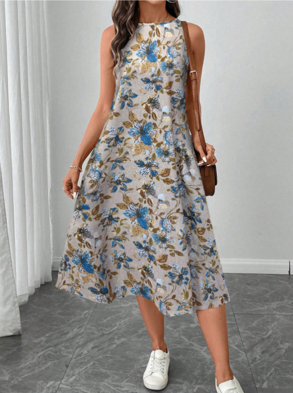 Rochie în formă de A cu imprimeu floral, fără mâneci, cu guler rotund, de la Amazon, vară nouă 2025