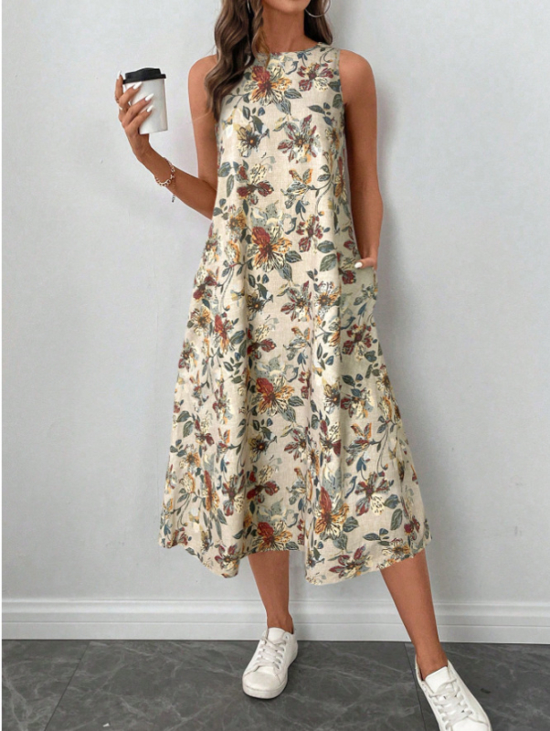 Rochie în formă de A cu imprimeu floral, fără mâneci, cu guler rotund, de la Amazon, vară nouă 2025