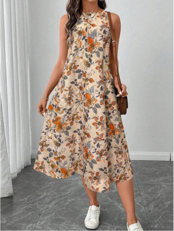 Rochie în formă de A cu imprimeu floral, fără mâneci, cu guler rotund, de la Amazon, vară nouă 2025