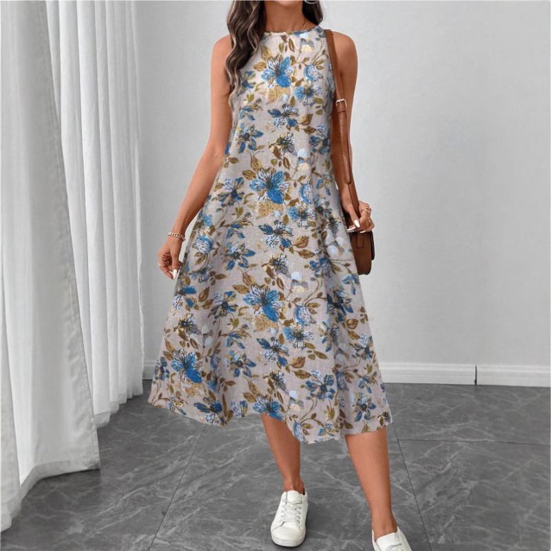 Rochie în formă de A cu imprimeu floral, fără mâneci, cu guler rotund, de la Amazon, vară nouă 2025