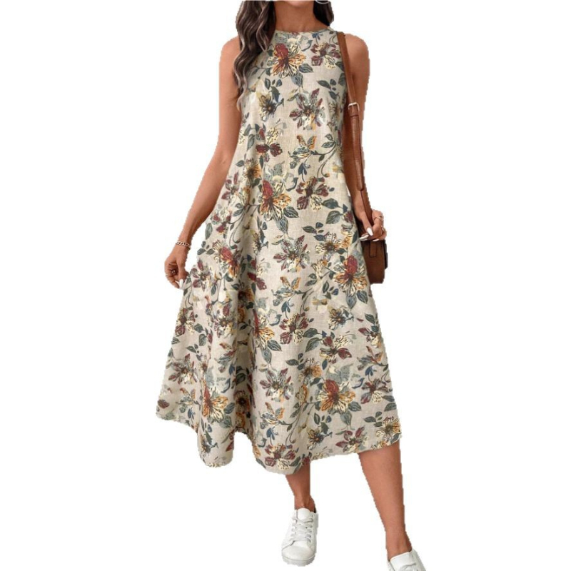 Rochie în formă de A cu imprimeu floral, fără mâneci, cu guler rotund, de la Amazon, vară nouă 2025