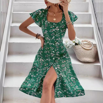 [na sklade] Európske a americké cezhraničné dámske oblečenie pre zahraničný obchod Amazon WISH najpredávanejšie kvetinové šaty so štvorcovým golierom a gombíkmi