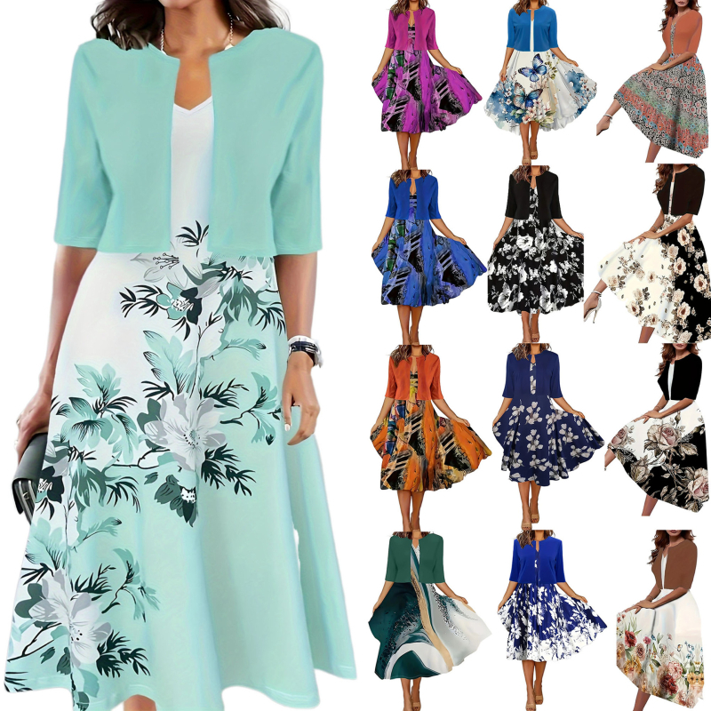 Nové dámske dlhé šaty s potlačou kvetov a rastlín z roku 2024, európske a americké, jesenné, s okrúhlym výstrihom, na Amazone