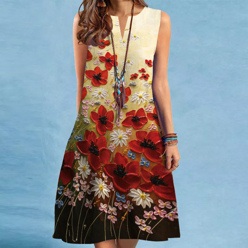 Ljetna europska i američka prekogranična opskrba za 2023. Nova seksi ženska haljina s V-izrezom i bez rukava srednje duljine s velikim printom