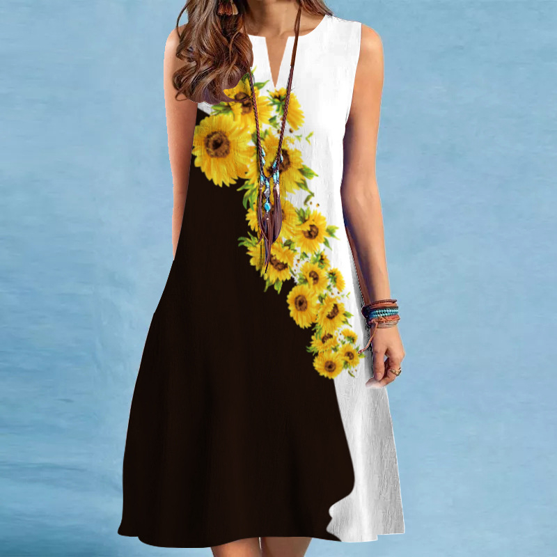 Ljetna europska i američka prekogranična opskrba za 2023. Nova seksi ženska haljina s V-izrezom i bez rukava srednje duljine s velikim printom