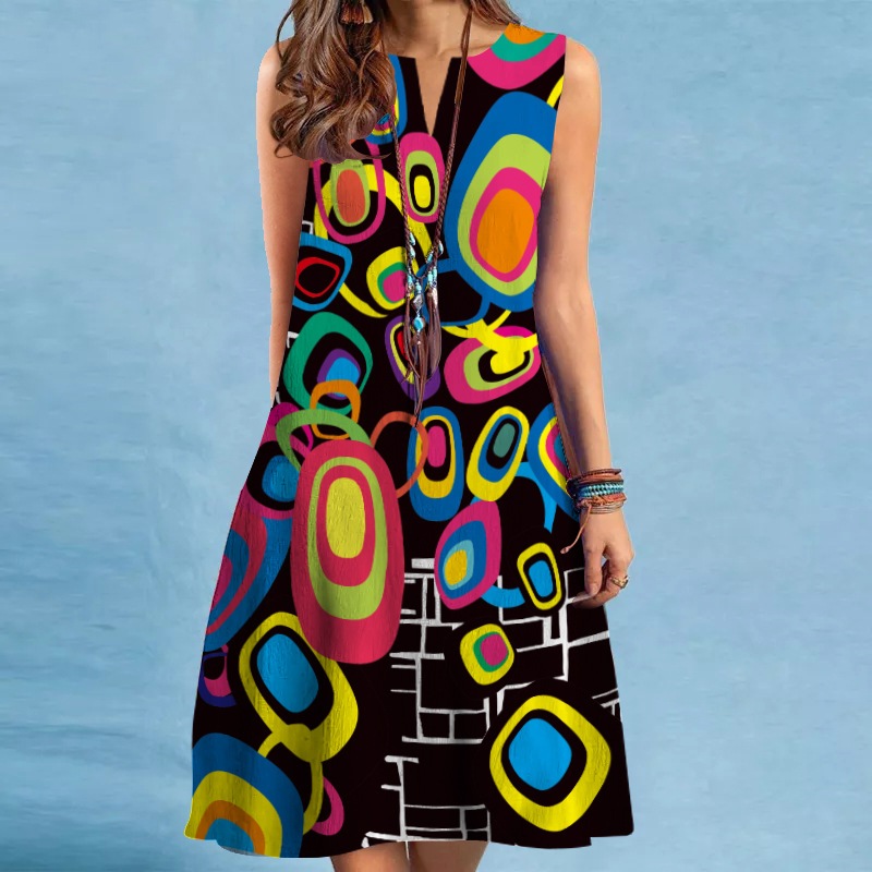 Ljetna europska i američka prekogranična opskrba za 2023. Nova seksi ženska haljina s V-izrezom i bez rukava srednje duljine s velikim printom