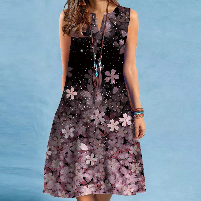 Ljetna europska i američka prekogranična opskrba za 2023. Nova seksi ženska haljina s V-izrezom i bez rukava srednje duljine s velikim printom