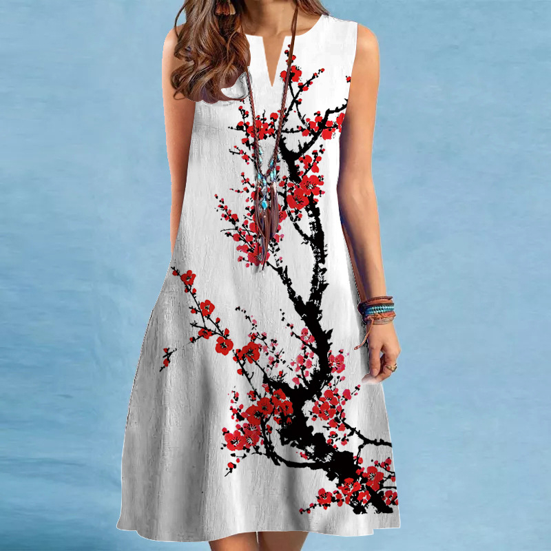 Ljetna europska i američka prekogranična opskrba za 2023. Nova seksi ženska haljina s V-izrezom i bez rukava srednje duljine s velikim printom