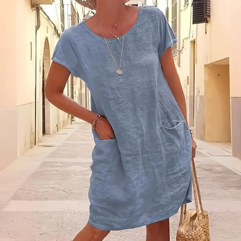 Ljeto 2025., Ebay Amazon, vanjska trgovina, široka, jednobojna, s džepom, kratkih rukava, okruglog izreza, iz pamuka i lana, žene