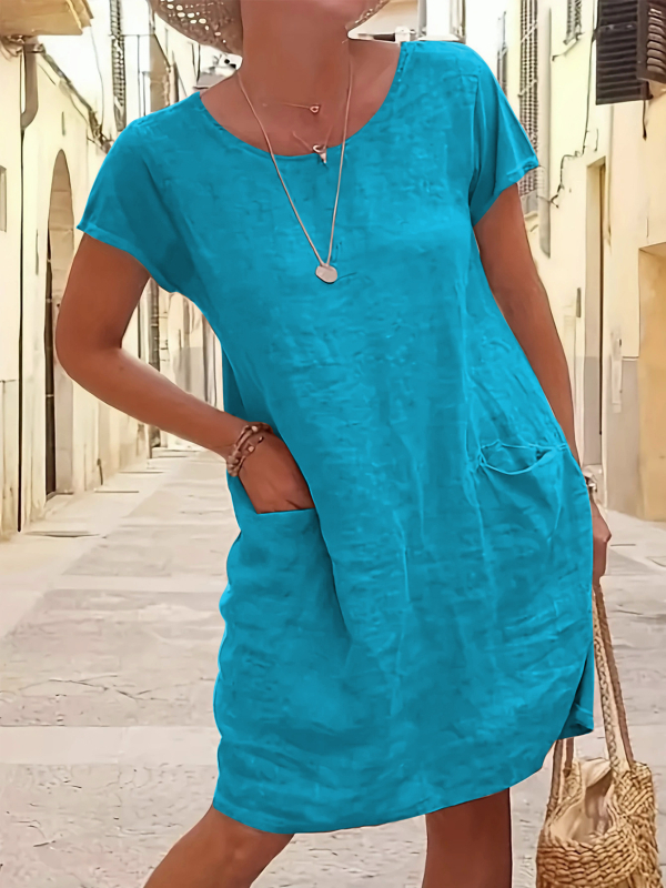 Ljeto 2025., Ebay Amazon, vanjska trgovina, široka, jednobojna, s džepom, kratkih rukava, okruglog izreza, iz pamuka i lana, žene