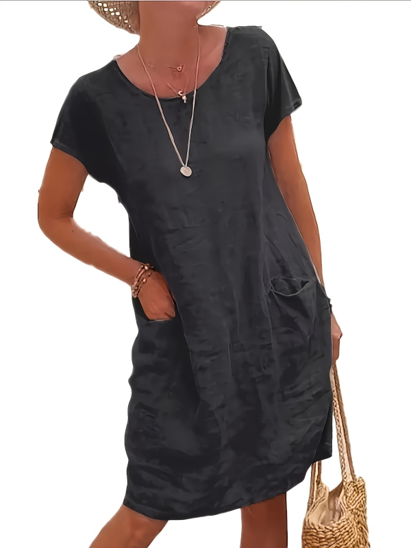 Ljeto 2025., Ebay Amazon, vanjska trgovina, široka, jednobojna, s džepom, kratkih rukava, okruglog izreza, iz pamuka i lana, žene