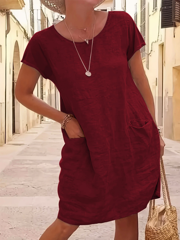Ljeto 2025., Ebay Amazon, vanjska trgovina, široka, jednobojna, s džepom, kratkih rukava, okruglog izreza, iz pamuka i lana, žene